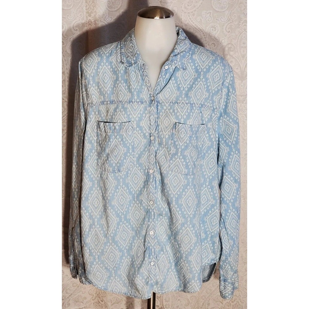 Hollister Women Blue and White Argyle Long Sleeve Button-Down Shirt L Western